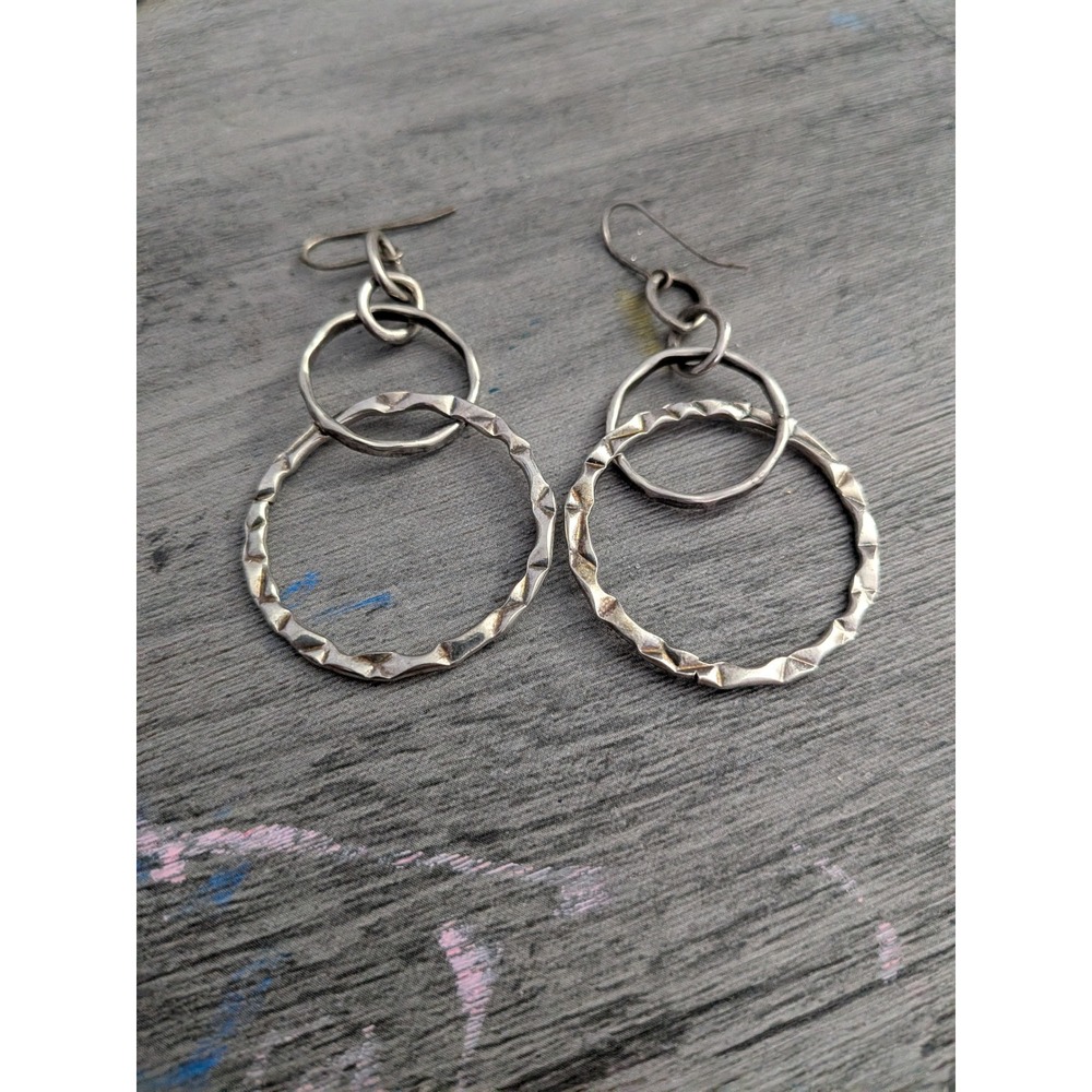 Artisan Silver Hammered Triple Hoop Dangle Earrings Boho Drop Geometric